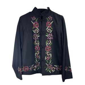 Vintage 90s Units Sz M Silk blend Black Floral Embroidered Jacket Mandarin frog
